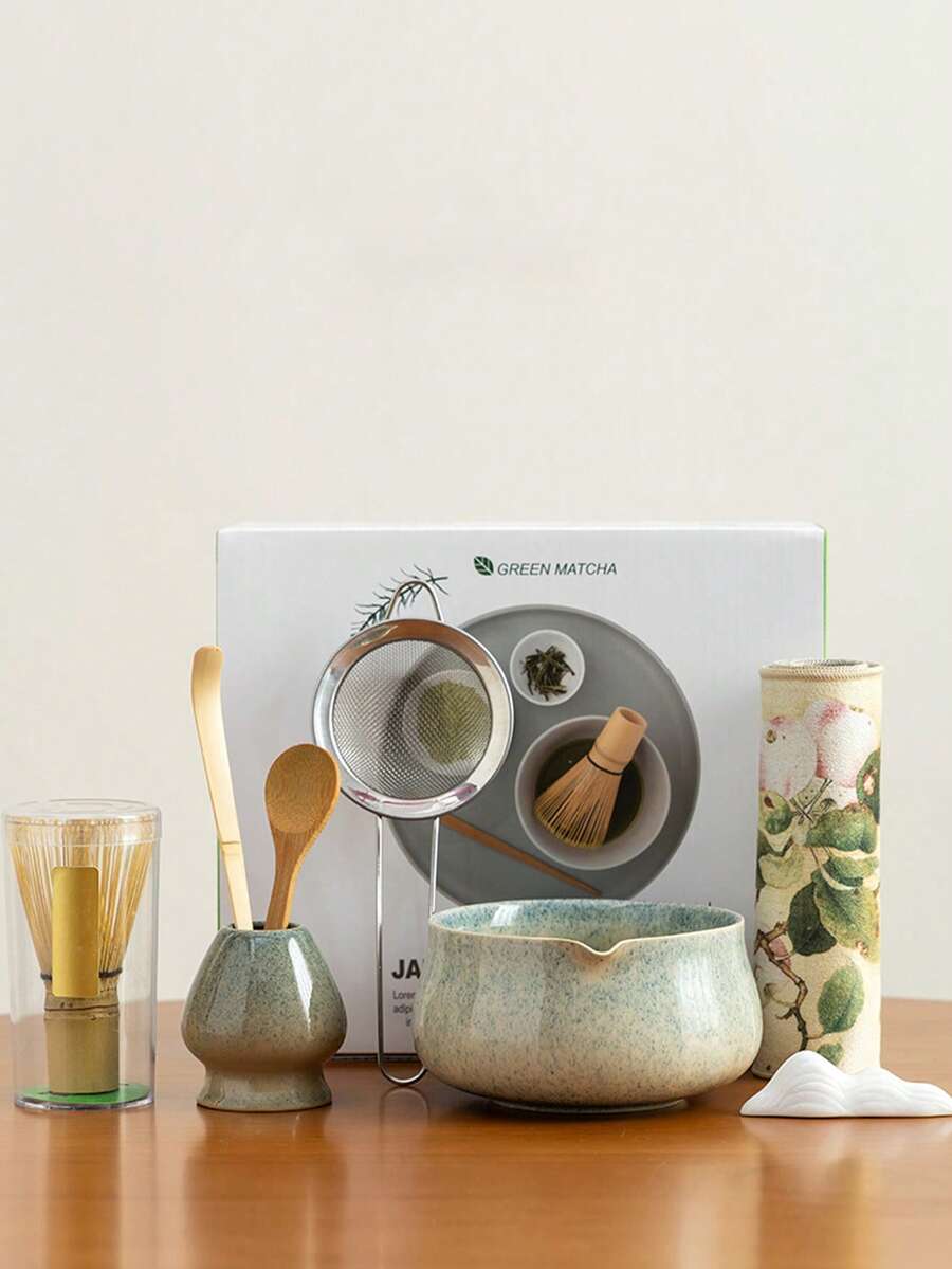 5/8pcs Set Ceramic Matcha Bowl, Matcha Whisk, Bamboo, Matcha Brush, Tea Scoop, Matcha Ceremony Gift Box, Round Pointed Ceramic Matcha Bowl & Whisk Set, Fade-Resistant, Elegant & Durable, Suitable For Outdoor Travel & Leisure, Tea Enthusiasts, Kitchen