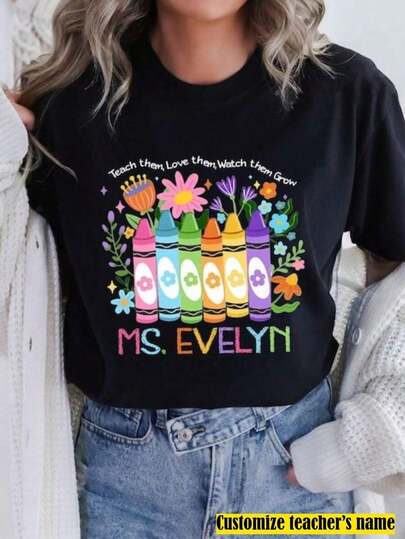 1pc Camiseta Personalizada con Nombre de Maestro, Camiseta Floral de Maestro con Crayones, Camiseta de Regreso a Clases, Atuendo Escolar Retro de Maestro, Jardín de Infancia 1er Grado 2do Grado