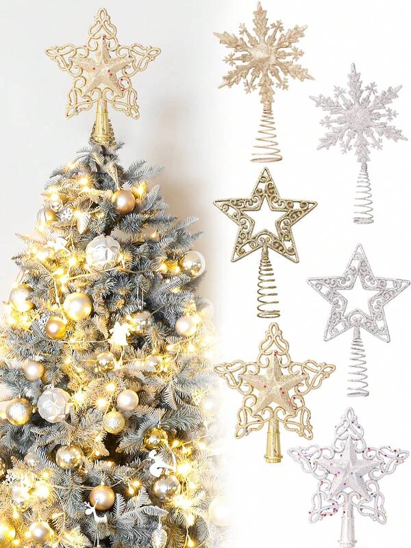 Ponteira de Árvore de Natal, Floco de Neve com Glitter para Árvore de Natal - 20cm, Decoração de Natal em Dourado e Prateado, Ideal para Decoração de Árvore de Natal, Festa de Ano Novo, Decoração de Festas, Decoração de Interiores, Decoração de Natal para Ambientes Fechados e Decoração de Inverno.