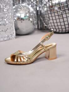 女士露趾侧镂空粗跟凉鞋，休闲简约舒适；金色皮革高跟凉鞋，适合度假、旅行、通勤，舒适轻便，春夏穿搭 - 金色 - 查看 7