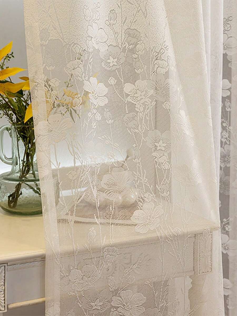 1pc Fashion Versatile Floral Voile Curtain, Bohemian Solid Color Curtain With Oversized Rod Pocket Design For Easy Installation, Suitable For Living Room, Bedroom, Dining Room, Study, Kitchen, Office, Classroom And More, Home Decor Window Curtain - Beige - View 1