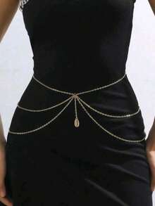 1pc Women's Fashionable Minimalist Multi-Layer Gold Metal Waist Chain, Versatile Accessory To Pair With Dresses, Pearl Chain Body Chain