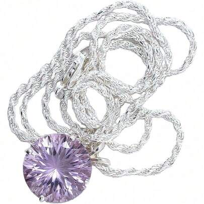 1PCS Round Laser Rose Amethyst Gem Sterling Pendant Rope Chain Necklace(PURPLE)