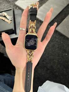 1 dây đeo, da đen dành cho nữ với dây xích kim loại màu vàng, tương thích với Apple Watch 38mm/40mm/41mm/42mm/44mm/45mm, thiết kế thời trang sáng tạo, phù hợp với chu vi cổ tay 155cm-205cm, tương thích với Apple Watch Ultra 3/2/1, SE, S11, S10, S9, S8, S7, S6, S5, S4, S3, S2, S1 - màu đen - Xem 4