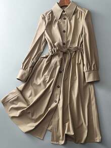 Gabardina fina para mujer, estilo británico, cinturón con botones en la cintura, elegante y a la moda, chaqueta camisa de longitud media. - Caqui - Ver 7