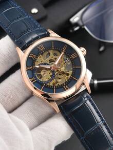 LONGLUX 1pc Men's Hollow Automatic Mechanical Watch, Casual Leather Strap Watch, Suitable For Daily Wear And Gift Giving