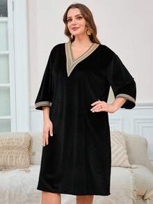 Top, Letnia, Damska Elegancka, Codzienna Odzież 2025, Damska Sukienka Plus Size w Stylu Vintage, Czarna, Z Dekoltem w Serek, Rękawem Do Średniego, Koronkowa Sukienka Heavy Industry, Sukienka Damska