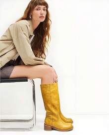 Women's Knee High Chunky Block Heel Square Toe Low Heel Boots, Style - Yellow - View 2
