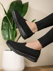 Women's Black Knit Loafers, Soft Sole Lightweight Comfortable Slip-On Flat Shoes, Casual Everyday & Outdoor Walking Shoes, Suitable For Mothers