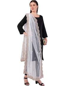 Scalloped Cutwork Net Dupatta, Lightweight And Sheer Shawl, Scarf, Wrap - 白色 - 查看 1