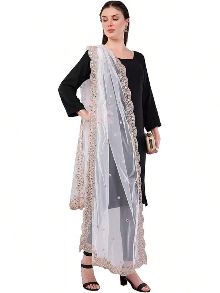 Scalloped Cutwork Net Dupatta, Lightweight And Sheer Shawl, Scarf, Wrap - 白色 - 查看 1