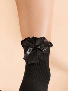 1 Pair Women Black Ruffle-Trim Striped Bow Design Comfortable Socks, Cute & Versatile For Daily Wear - Black - View 4