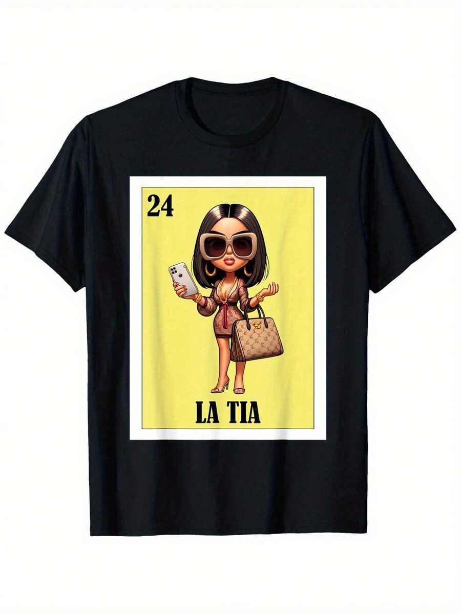 Funny Strawberry La Tia Printed T-Shirt, Women's Printed T-Shirt 220g, 100% Cotton, Retro Street Women's Short-Sleeved T-Shirt, Round Neck Casual Women's Outdoor T-Shirt Short-Sleeved, Daily Four Seasons Wear, Holiday Gifts - 黑色 - 查看 1