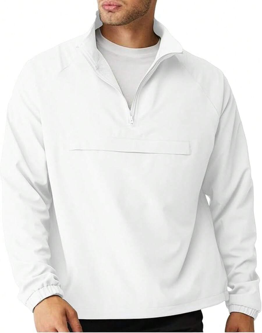 Chaqueta cortavientos ligera con cremallera de cuarto para hombre para golf, senderismo, correr. Chaquetas cortavientos con bolsillos - Blanco - Ver 1