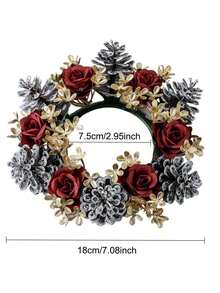 1pc/2pcs Christmas Candlestick Wreath Artificial Pine Cone Red Rose Flower Gold Flower, Winter Artificial Rose Flower Greenery Leaf Plant Candlestick Wreath, Faux Pine Fake Green Leaf Candle Ring Xmas Ornaments, For Christmas Decoration Christmas Decorations Room Decor