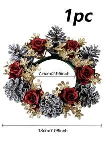 1pc/2pcs Christmas Candlestick Wreath Artificial Pine Cone Red Rose Flower Gold Flower, Winter Artificial Rose Flower Greenery Leaf Plant Candlestick Wreath, Faux Pine Fake Green Leaf Candle Ring Xmas Ornaments, For Christmas Decoration Christmas Decorations Room Decor