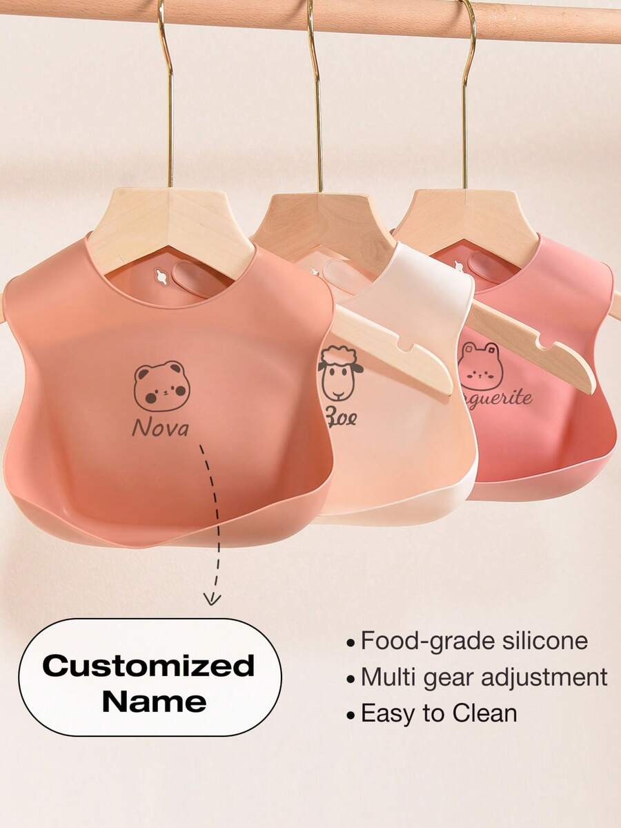 Babadores personalizados para bebês, 3 peças, de silicone macio, ajustáveis, à prova d'água, resistentes a manchas, adequados para meninos e meninas, presentes personalizados, padrões disponíveis: coelho, ovelha, urso, leão, abelha, tigre, esquilo, uso em todas as estações