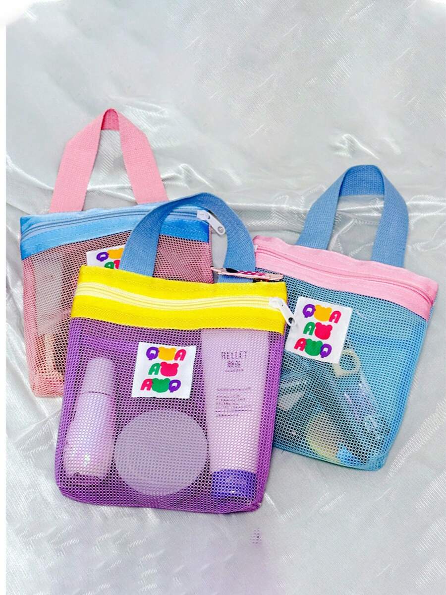 1pc Multi-Color Portable Handheld Toiletry Bag, Mesh Breathable Hollow Travel Makeup Organizer, Waterproof Bathroom Cosmetic Storage Bag - Multicolor - View 1