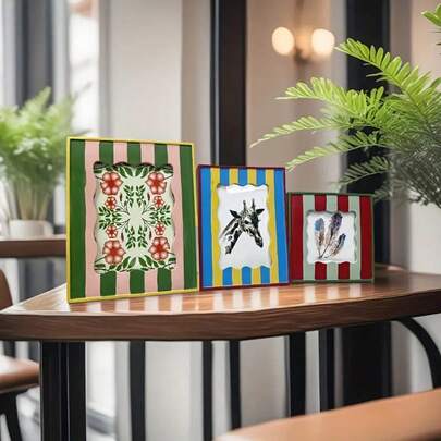 1pc Modern Resin Photo Frame With 3D Geometric Design - Hand-Painted Color Block Border For Bedroom, Desk, Living Room & Entryway Decor (Minimalist Home Accent, Tabletop Display, Gift-Worthy Wall Art)(Random Color Of Photos)