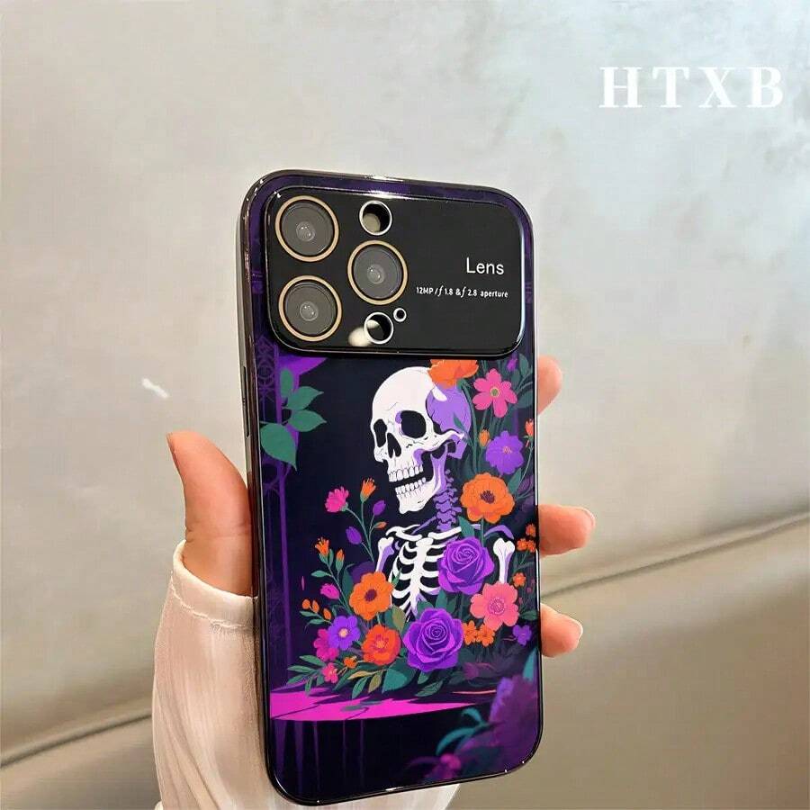 Teléfono con estampado de calavera y flores moradas electrochapado | AG Frosted Large View Window 2 en 1 17 17 Pro 17 Pro 16 Pro 16 Pro 16 Plus 16 15 Pro 15 Pro 15 Plus 15 14 Pro 14 Pro 14 Plus 14 13 Pro 13 Pro 13 12 Pro 12 Pro 12 Series, Funda para teléfono, funda para dispositivo, diseño floral, funda premium y duradera, funda protectora, entusiastas de la tecnología, seguidores - Negro - Ver 1