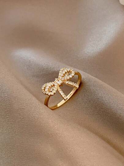 1pc Fashionable Personalized Sweet Creative Design Micro-Inlaid Cubic Zirconia Bow Open Ring, Gift For Valentine's Day, Mother's Day