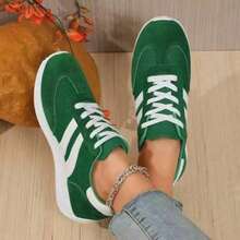 Retro Color Matching Sneakers! Black And White Stripes, Light Gray Simplicity, Green And White Contrast, Suitable For All Kinds Of Daily Wear, Walking Super Light - Green - View 5