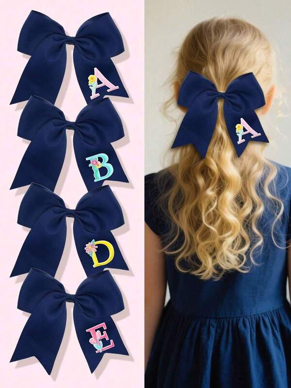 1个26个字母A-Z刺绣蝴蝶结马尾发夹，时尚女孩礼物，青少年女孩发夹，适合节日、派对、学校等场合 - 随机款式