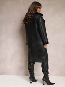 Long Oversized Coat With Faux Leather And Fur - Black - View 3