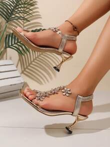 新年水钻凉鞋，时尚厚实中跟和水晶透明鞋跟，高跟舞鞋，适合青少年，学校风格，高跟舞鞋 - 金色 - 查看 3