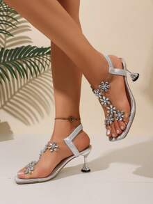 New Year's Rhinestone Sandals, Stylish Chunky Mid-Heel And Crystal Clear Heel, High Heel Dance Shoes, Suitable For Teenagers, School Style, High Heel Dance Shoes - Silver - View 6