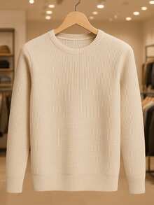 Men's Knitted Sweater, Round Neck, Long Sleeve, Basic Casual Knit Top - 淺米色 - 查看 1