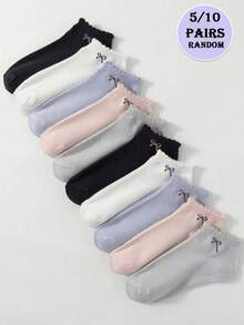 10/5 أزواج (التسليم العشوائي) جوارب كاحل للنساء بلون أحادي مع تطريز شريط الدانتيل، مناسبة لجميع الفصول