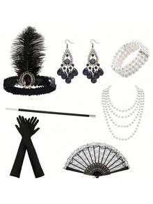 1920 年代女士派对化妆舞会头饰、羽毛头带、耳环、手套、手镯、烟嘴、蕾丝手扇、7 件套派对套装，适合万圣节/盖茨比派对舞会 - 黑色 - 查看 2
