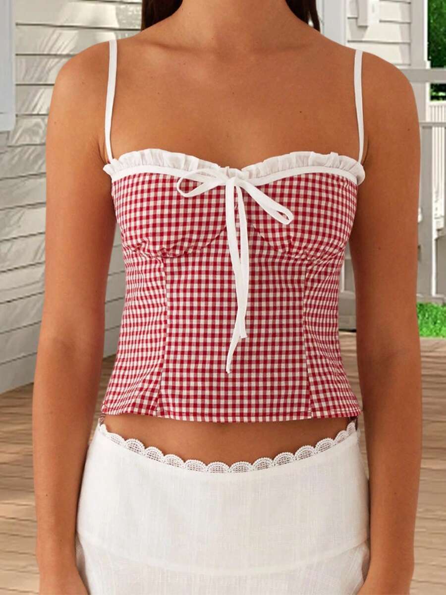 Women's Plaid Print Camisole Adjustable Spaghetti Strap Slim Fit Mini Tank Tops Streetwear - Red - View 1
