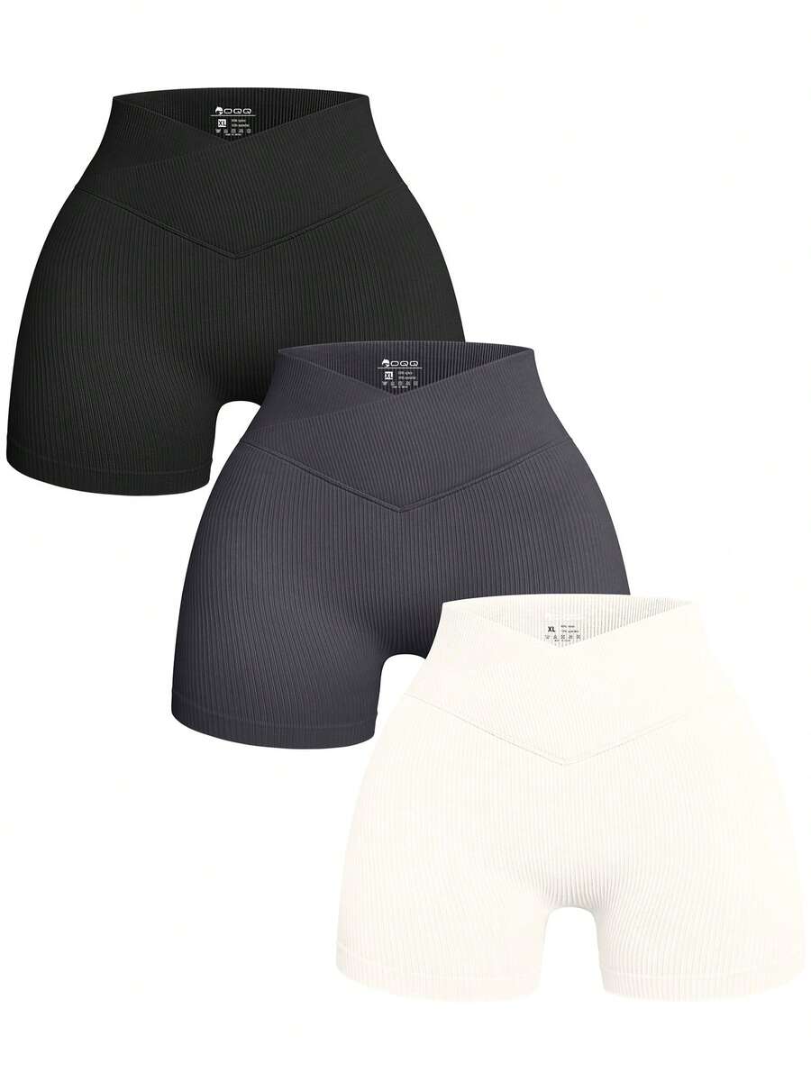OQQ Women's 3 Piece Yoga Shorts Ribbed Seamless Workout High Waist Cross Over Athletic Leggings - 黑,灰,米 - 查看 1