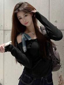 不对称蝴蝶结露肩针织毛衣，女式修身长袖上衣 - 黑色 - 查看 2