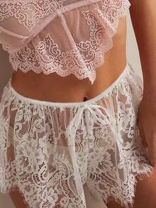 Women Y2k Summer Floral Lace See Through Mini Shorts Hollow Out Lace Sheer Mesh Booty Short  Elastic Waist Wide Leg Low Rise Bow Knot Loose Fit Micro Short Loungewear - 白色 - 查看 3