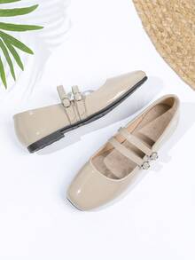 女式复古玛丽珍平底鞋，双带设计，适合所有季节 - 杏色 - 查看 5