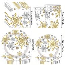 10 قطعة أطباق ورقية وأكواب ومناديل بشكل بلورات الثلج باللون الفضي والذهبي، طقم أدوات مائدة شتوية لحفلة عيد الميلاد بموضوع عالم الجليد، تشمل أطباق عشاء قطر 9 بوصة وأطباق حلوى قطر 7 بوصة، لحفلات عيد الميلاد وأعياد الشتاء - متعدد الألوان - مشاهدة 3