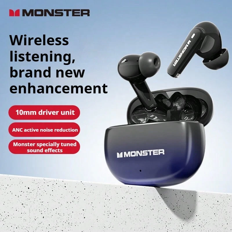 Monster XT02 真无线蓝牙耳机,带主动降噪功能,轻巧入耳式音乐、游戏和运动耳机(中文包装) - 黑藍 - 查看 1