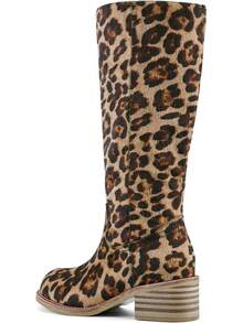 Women's Knee High Chunky Block Heel Square Toe Low Heel Boots, Style - Leopard - View 5