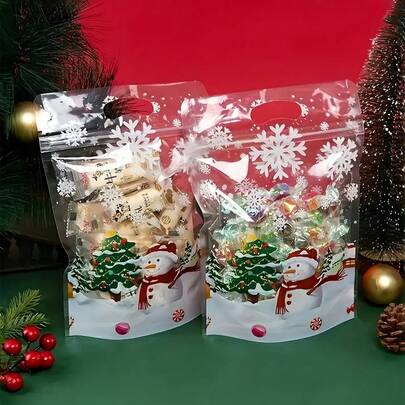 10/50 件圣诞雪花零食袋 - 透明塑料糖果和礼品袋，带有节日雪花和树木图案，适合派对、新年、感恩节 - 适合饼干、糖果和装饰品、圣诞糖果饰品