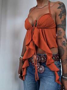 Boho Top Ruffles Simple Tie Beach Vacation - Naranja Quemada - Ver 2