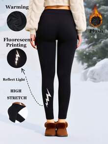 1 Pack Women's Thermal Lined Black Leggings With Reflective Lightning Print, Glow-In-The-Dark Design, Soft & Comfortable For Yoga, Workout, Outdoor Activities, Casual Wear, Stretchy & Slimming - Black - View 1