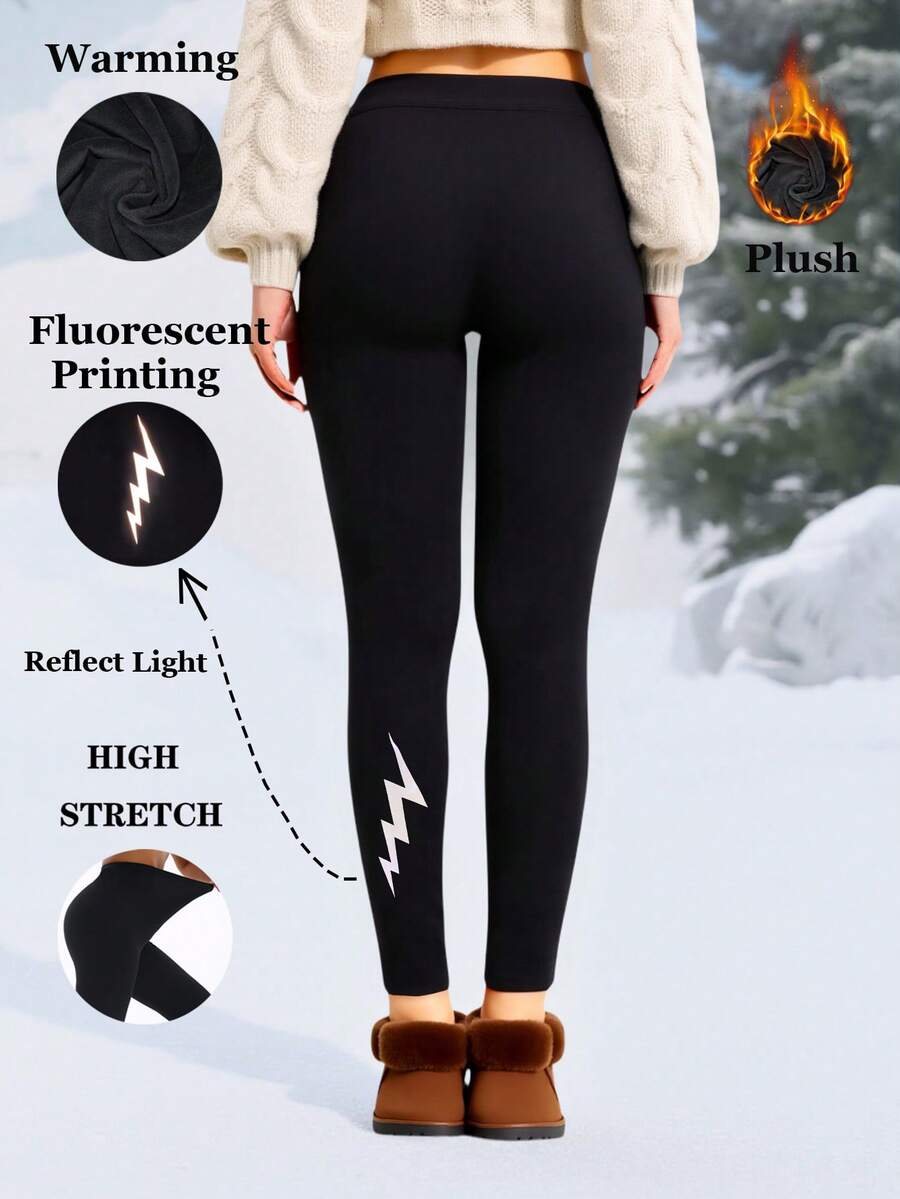1 Pack Women's Thermal Lined Black Leggings With Reflective Lightning Print, Glow-In-The-Dark Design, Soft & Comfortable For Yoga, Workout, Outdoor Activities, Casual Wear, Stretchy & Slimming - Black - View 1