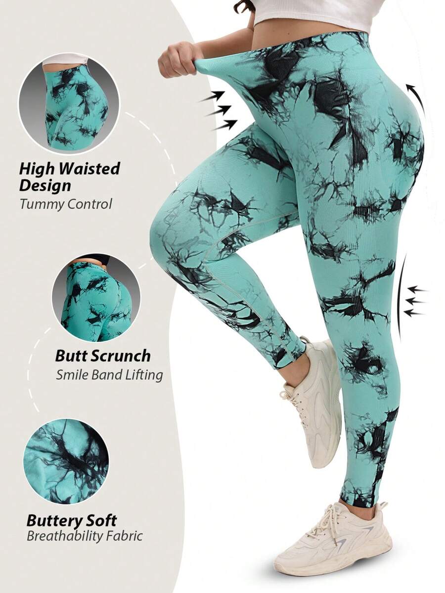 1 件女式加大码高腰性感健身运动瑜伽弹力速干瘦身紧身裤，多功能骑行打底裤扎染绿色紧身裤