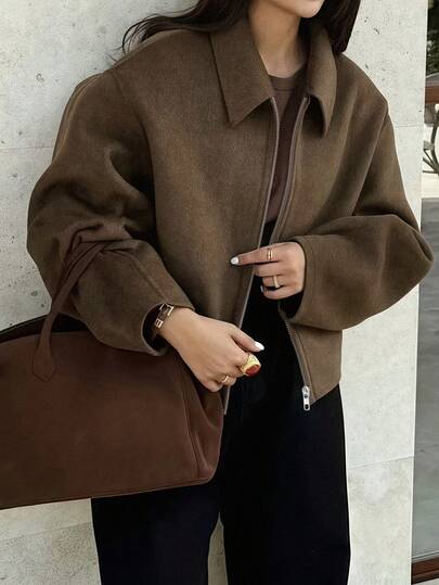优雅通勤纯色羊毛前拉链仿口袋简约女式夹克
