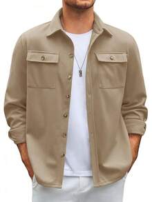 Mens Shirt Jacket Long Sleeve Button Down Casual Shacket Lightweight Thermal Shirts With Pocketshalloween - 卡其色 - 查看 1