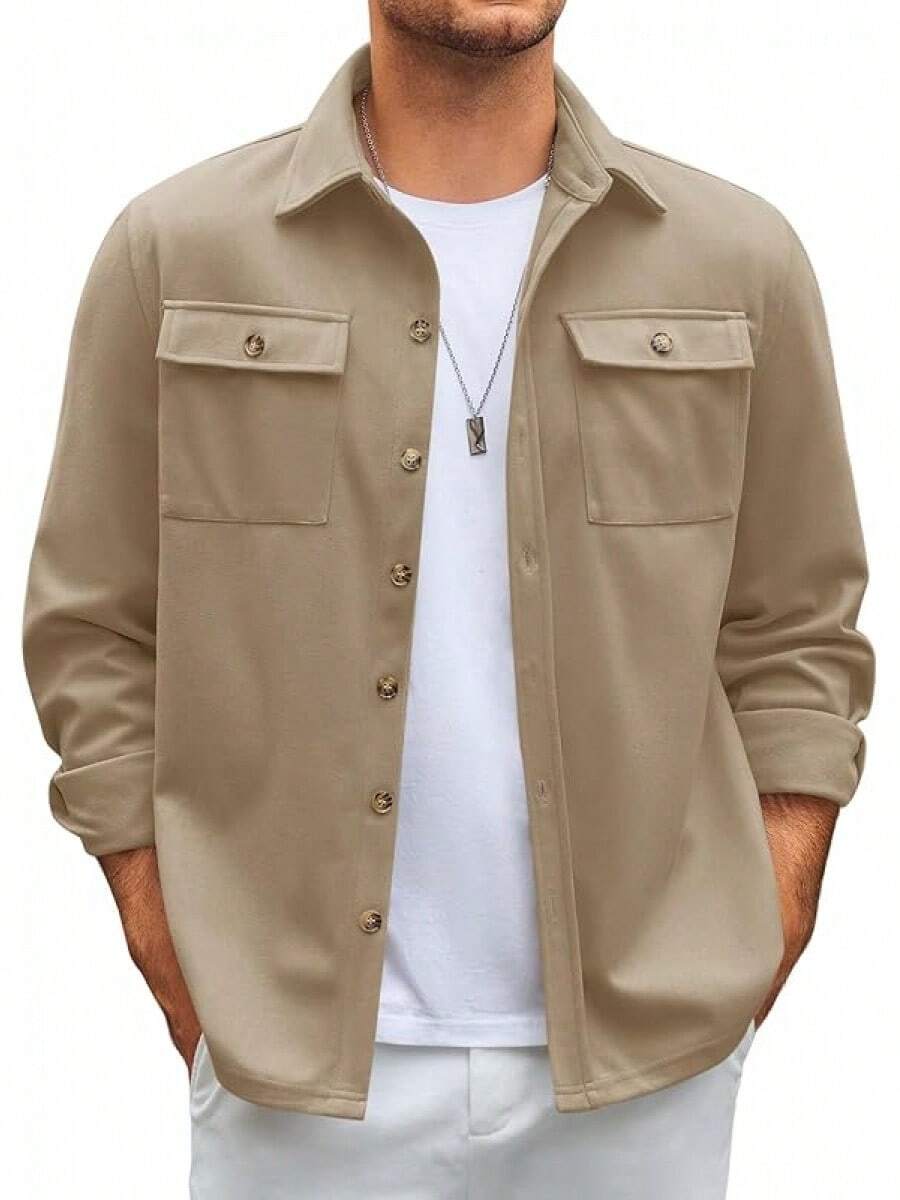 Mens Shirt Jacket Long Sleeve Button Down Casual Shacket Lightweight Thermal Shirts With Pocketshalloween - 卡其色 - 查看 1