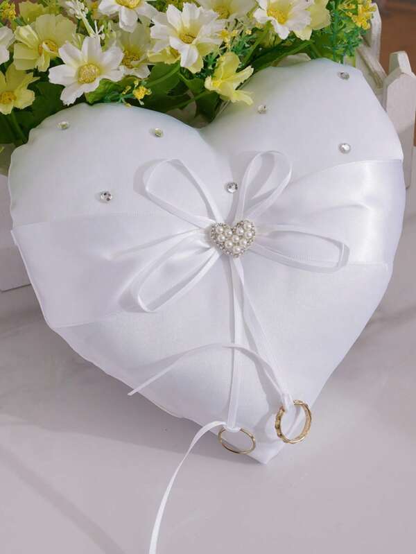 Wedding Supplies: White Heart-Shaped Ring Holder, Rectangular Double Bow Ring Pillow, Cross Bow Decor (Rings Not Included), Suitable For Weddings, Holidays, DIY Decoration